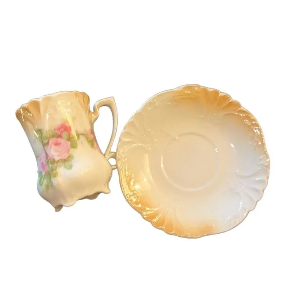 porcelain demitasse cup and saucer set, chocolate set, hand-painted rose & gold